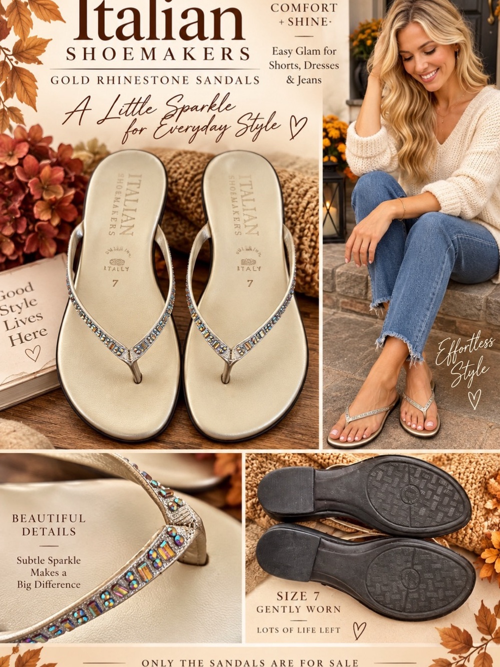 Italian shoemakers Gold Rhinestone Sandals Size 7 - Gently Worn